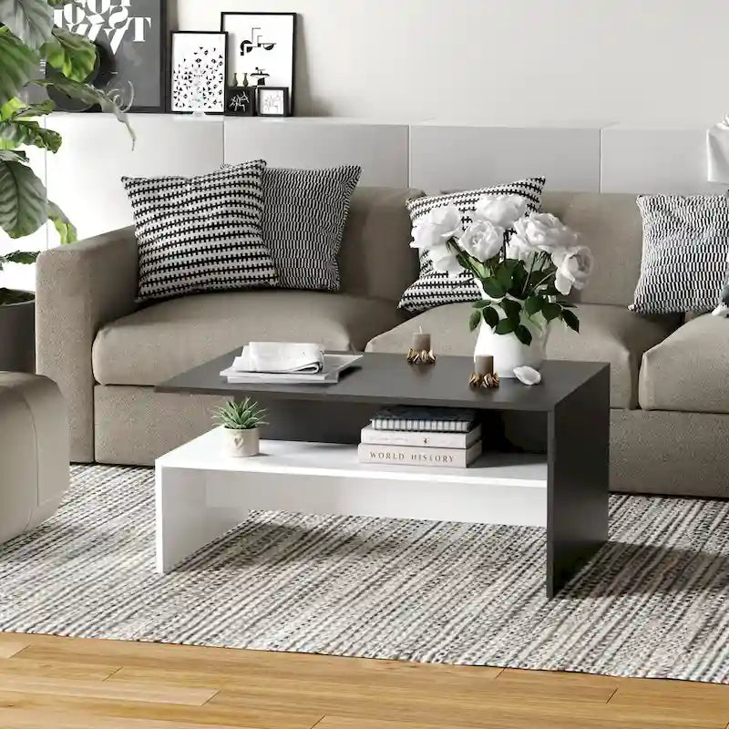 2-Tier Rectangular Coffee Table with Storage Shelves for Living Room, Black/White