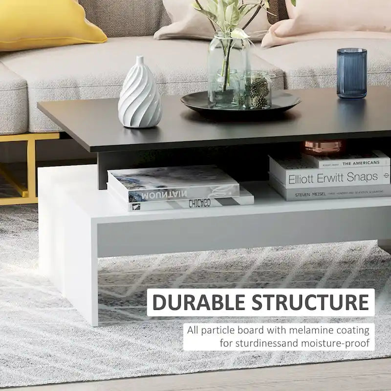 2-Tier Rectangular Coffee Table with Storage Shelves for Living Room, Black/White