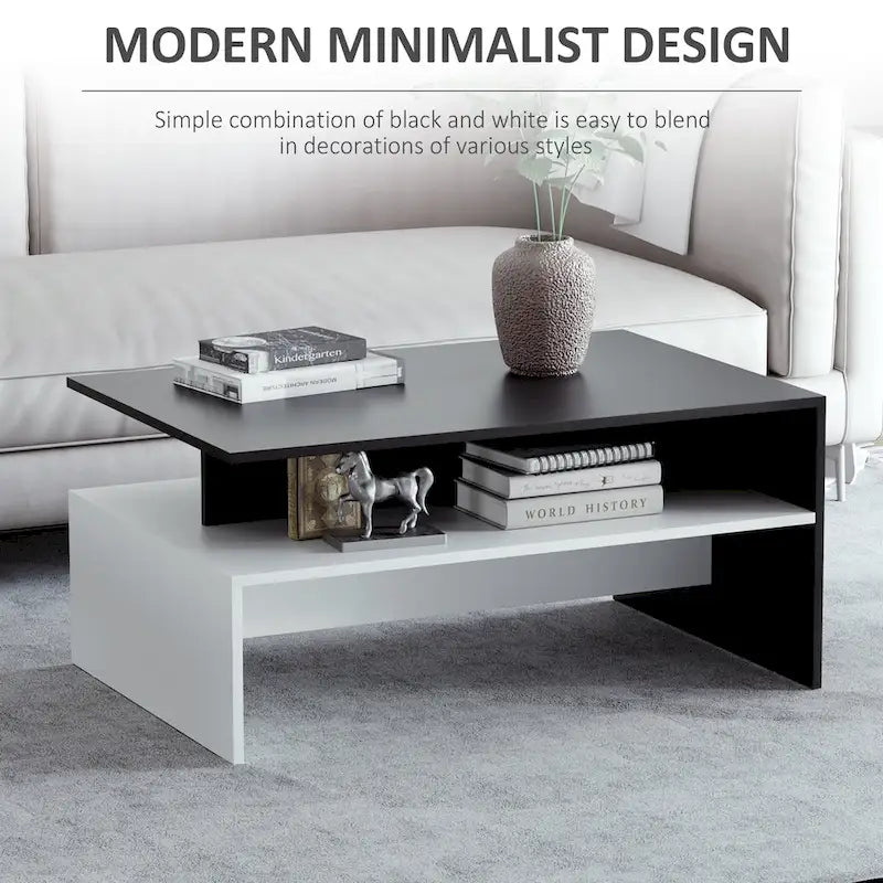 2-Tier Rectangular Coffee Table with Storage Shelves for Living Room, Black/White