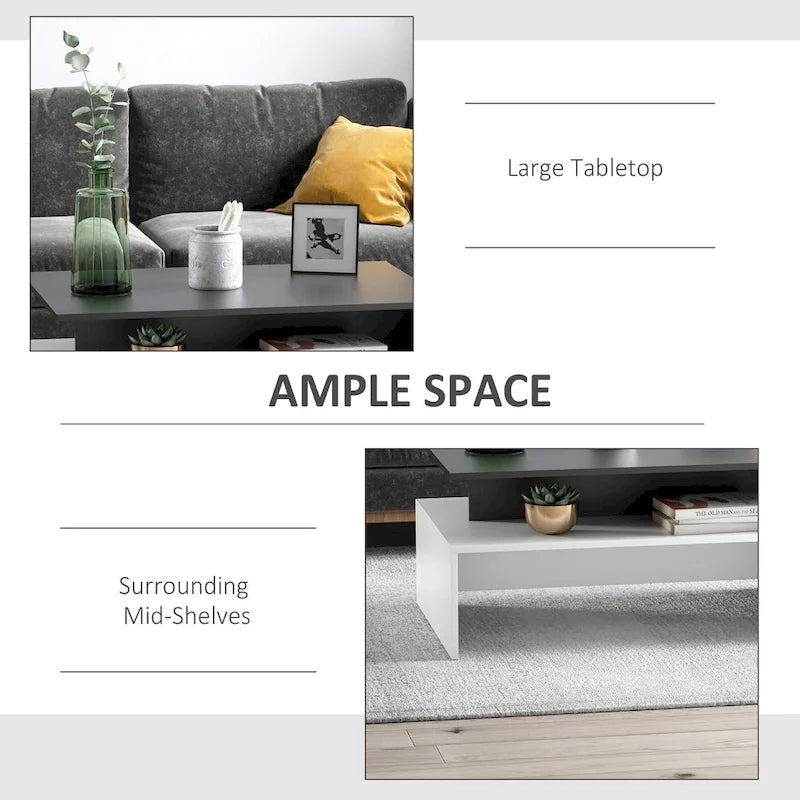 2-Tier Rectangular Coffee Table with Storage Shelves for Living Room, Black/White