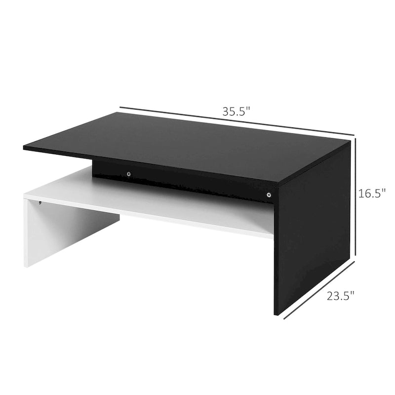 2-Tier Rectangular Coffee Table with Storage Shelves for Living Room, Black/White