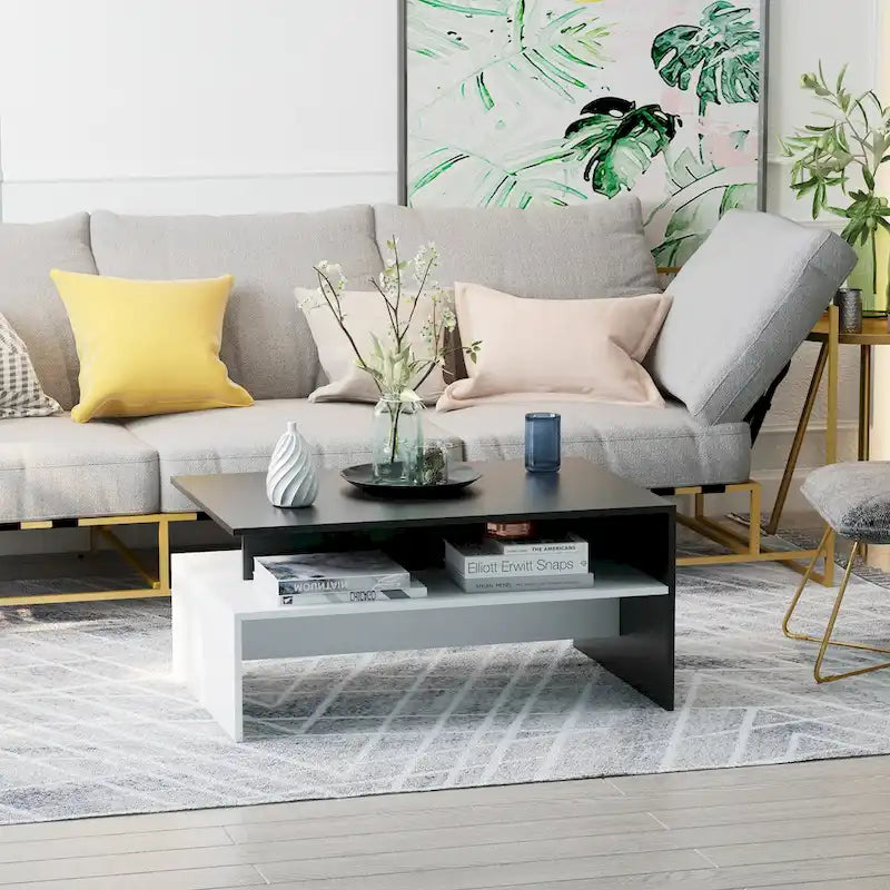 2-Tier Rectangular Coffee Table with Storage Shelves for Living Room, Black/White