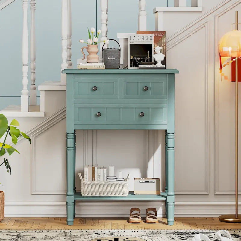 Narrow Console Table with Drawers and Bottom Shelf