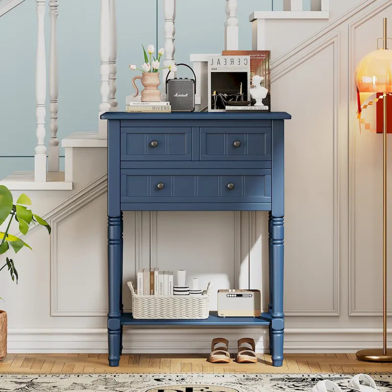 Narrow Console Table with Drawers and Bottom Shelf