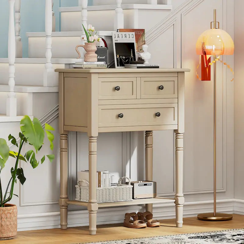 Narrow Console Table with Drawers and Bottom Shelf