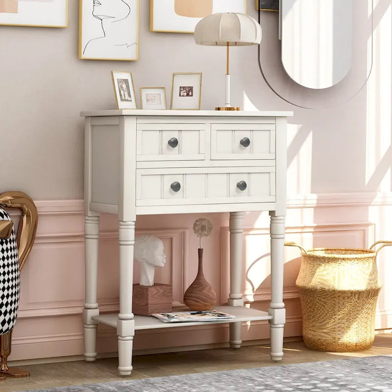 Narrow Console Table with Drawers and Bottom Shelf