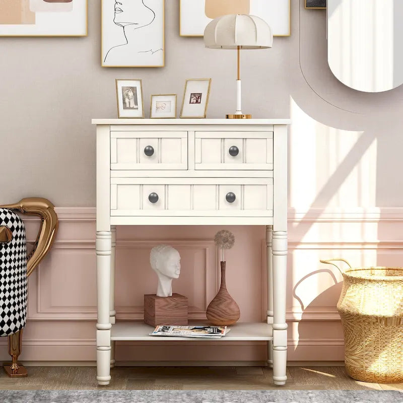 Narrow Console Table with Drawers and Bottom Shelf