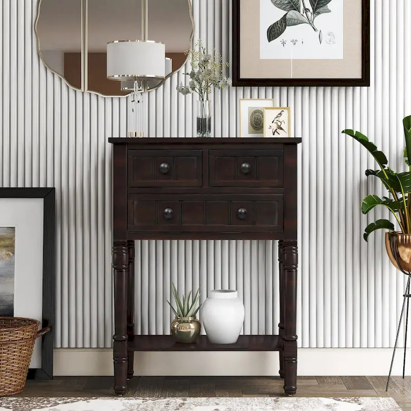 Narrow Console Table with Drawers and Bottom Shelf