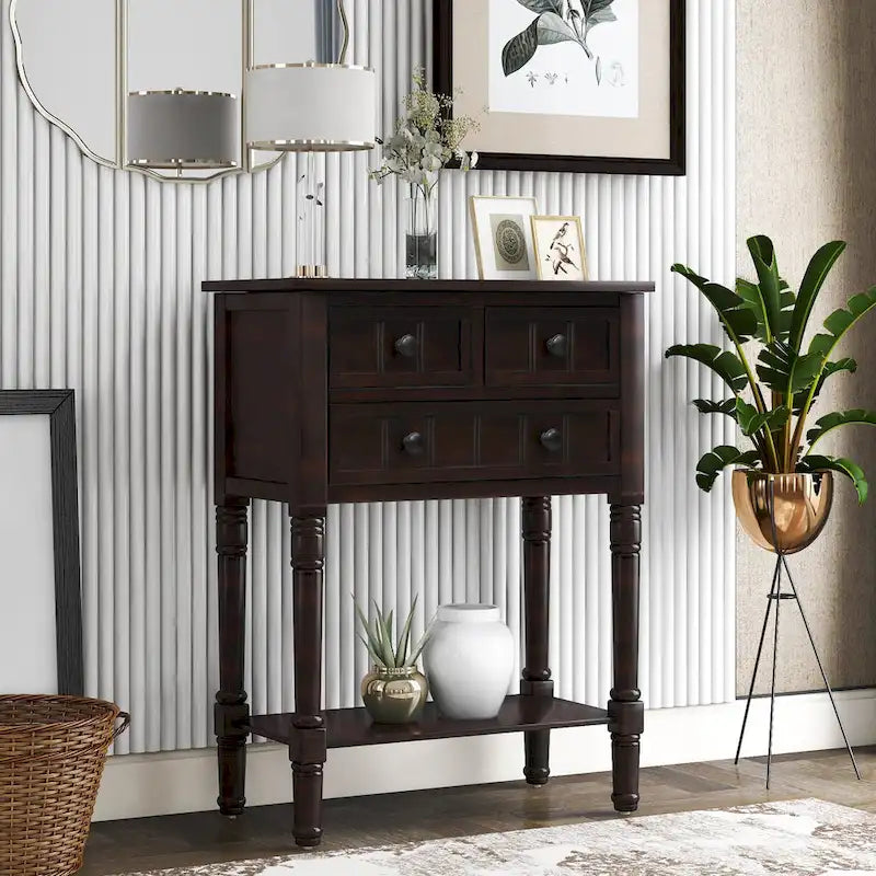 Narrow Console Table with Drawers and Bottom Shelf