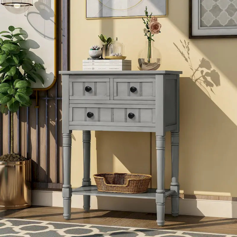 Narrow Console Table with Drawers and Bottom Shelf