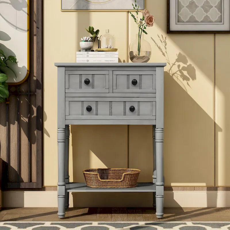 Narrow Console Table with Drawers and Bottom Shelf