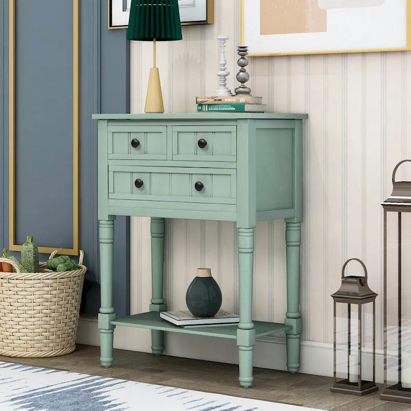 Narrow Console Table with Drawers and Bottom Shelf