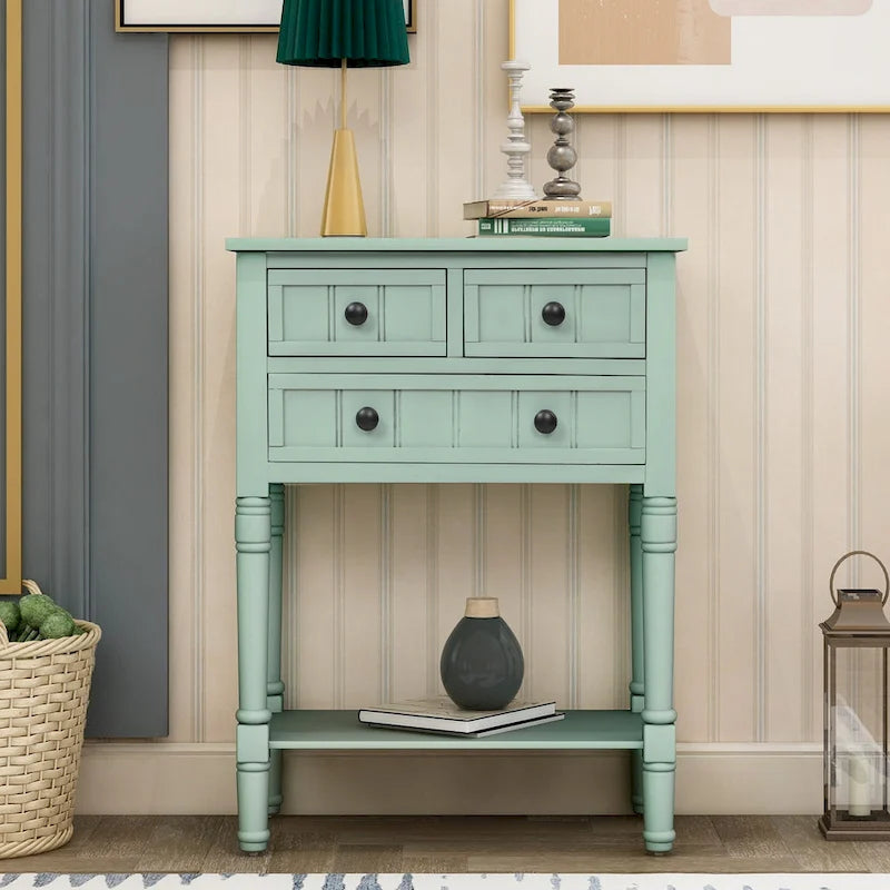 Narrow Console Table with Drawers and Bottom Shelf