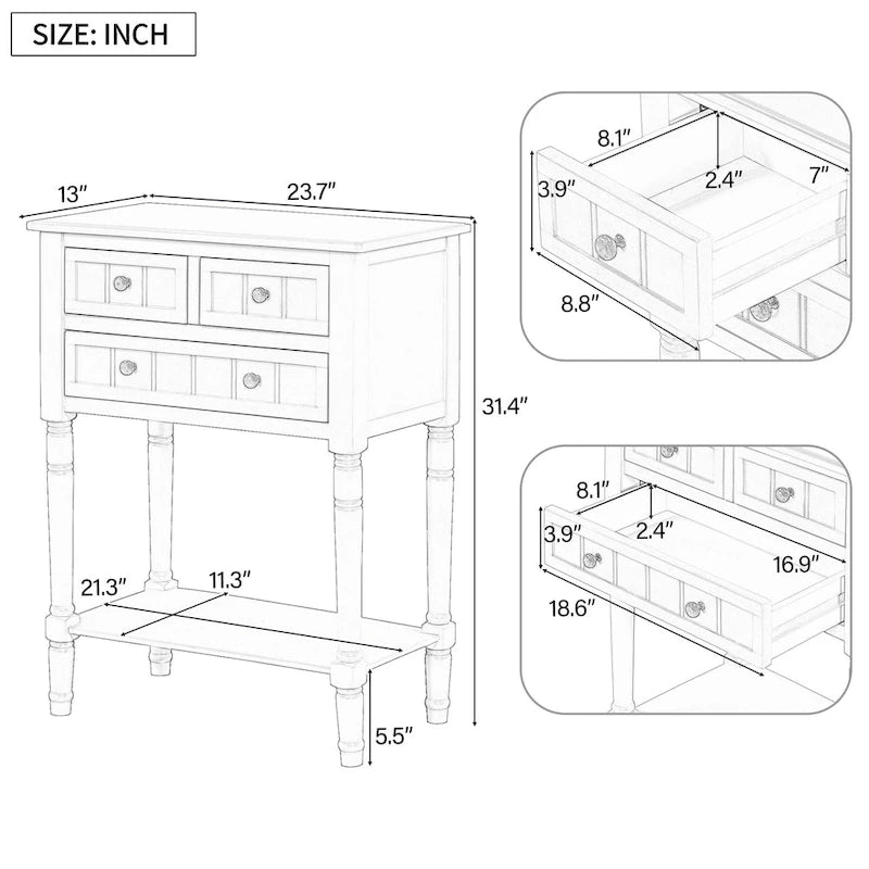 Narrow Console Table with Drawers and Bottom Shelf