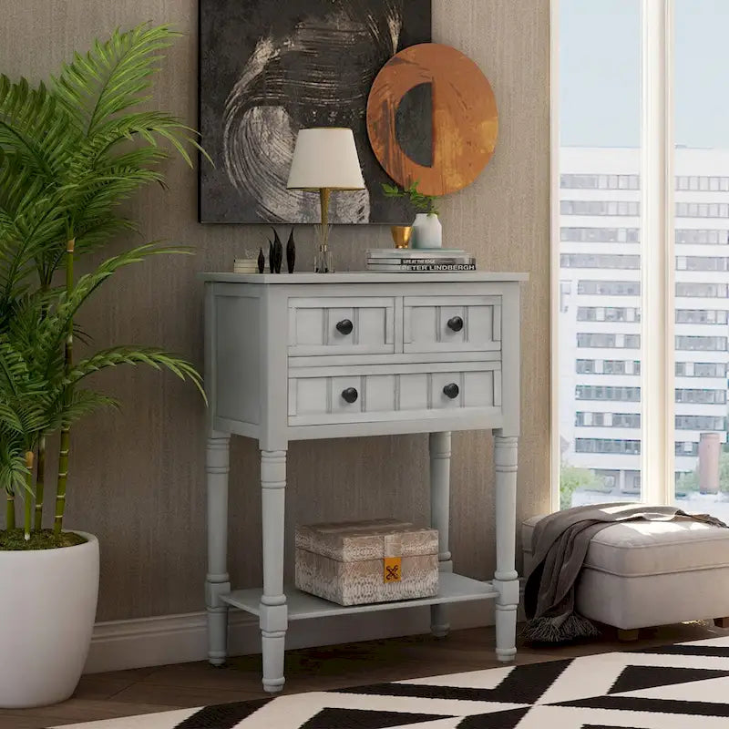 Narrow Console Table with Drawers and Bottom Shelf