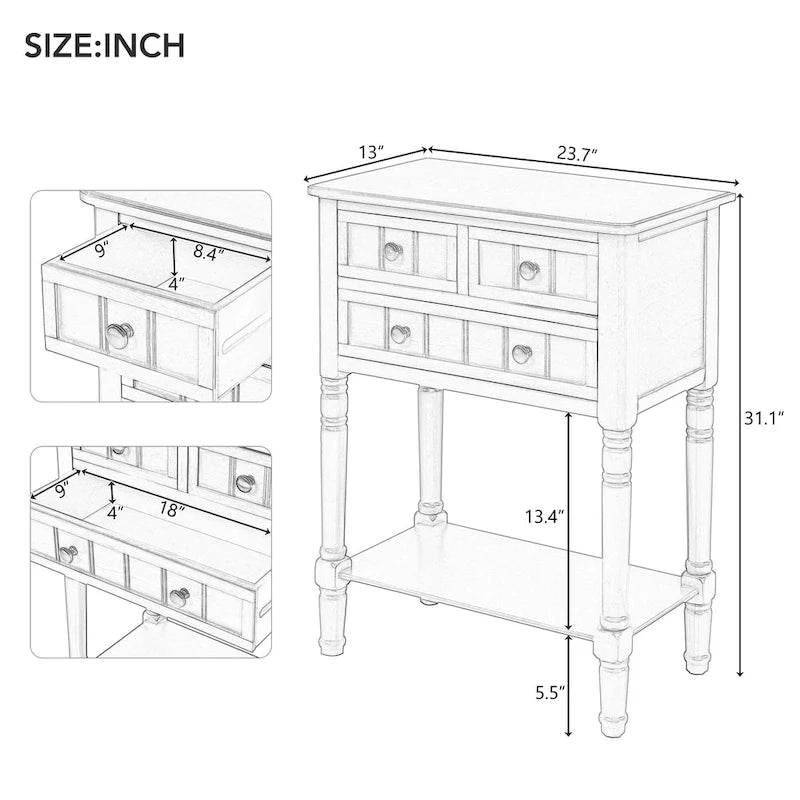 Narrow Console Table with Drawers and Bottom Shelf
