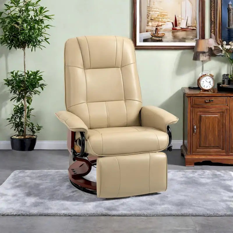 PU Leather Swivel Recliner Chair with Footrest, Armrest and Wood Base