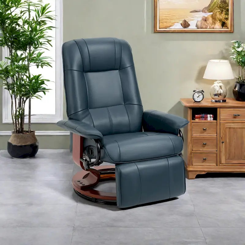 PU Leather Swivel Recliner Chair with Footrest, Armrest and Wood Base