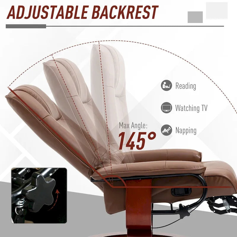 Drehbarer Relaxsessel aus PU-Leder mit Fußstütze, Armlehnen und Holzsockel