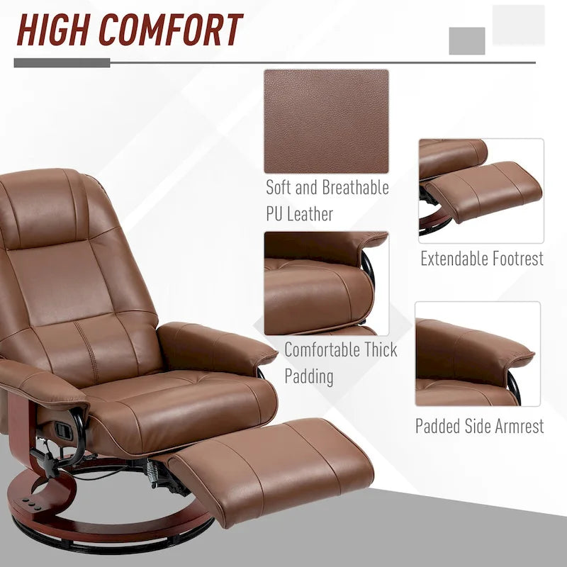 PU Leather Swivel Recliner Chair with Footrest, Armrest and Wood Base