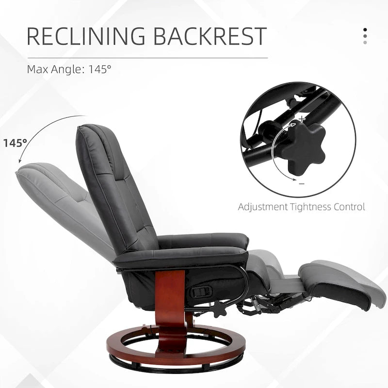 Drehbarer Relaxsessel aus PU-Leder mit Fußstütze, Armlehnen und Holzsockel