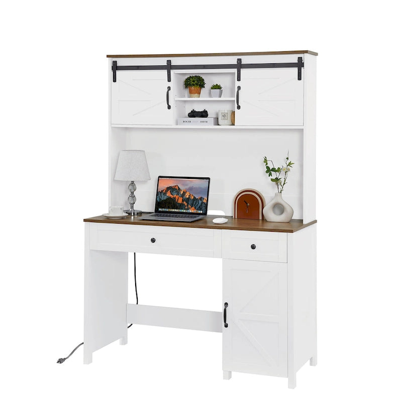 Farmhouse Computer Writing Desk with Hutch and Charging Station