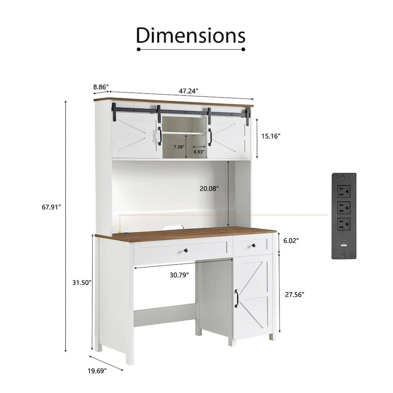 Farmhouse Computer Writing Desk with Hutch and Charging Station
