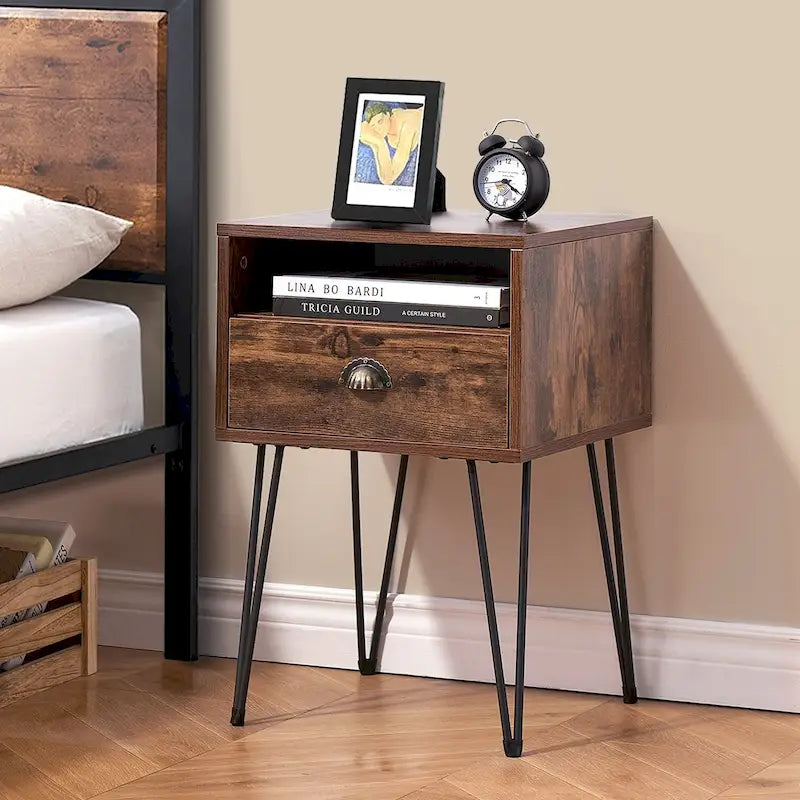Modern Mid Century 1-Drawer Hairpin Nightstands, Brown/Blue/Black/Yellow