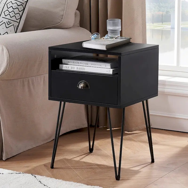 Modern Mid Century 1-Drawer Hairpin Nightstands, Brown/Blue/Black/Yellow