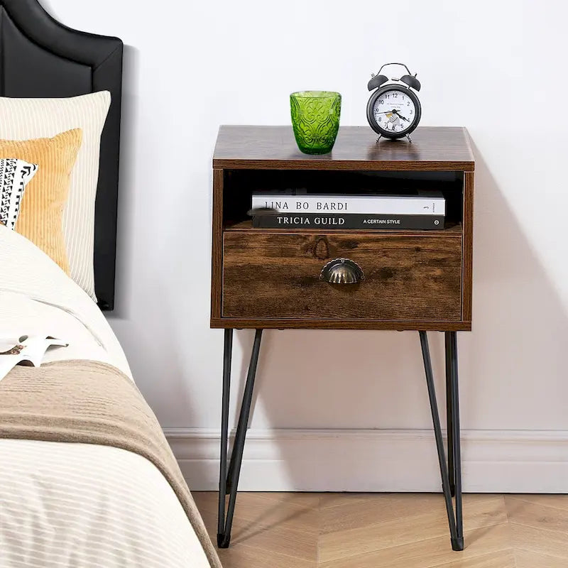 Modern Mid Century 1-Drawer Hairpin Nightstands, Brown/Blue/Black/Yellow