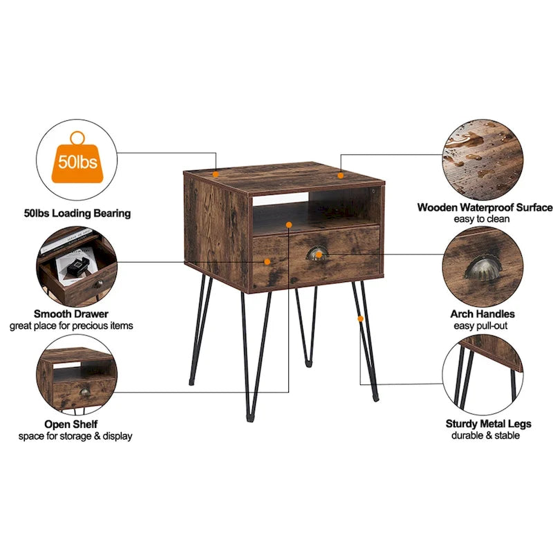 Modern Mid Century 1-Drawer Hairpin Nightstands, Brown/Blue/Black/Yellow