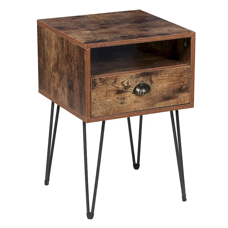 Modern Mid Century 1-Drawer Hairpin Nightstands, Brown/Blue/Black/Yellow