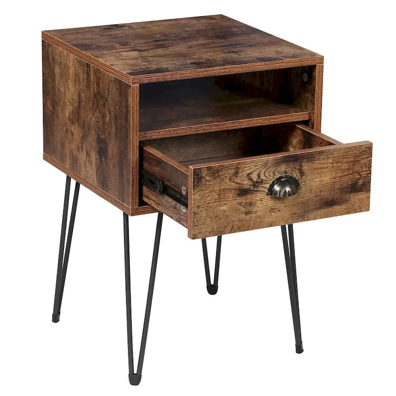 Modern Mid Century 1-Drawer Hairpin Nightstands, Brown/Blue/Black/Yellow