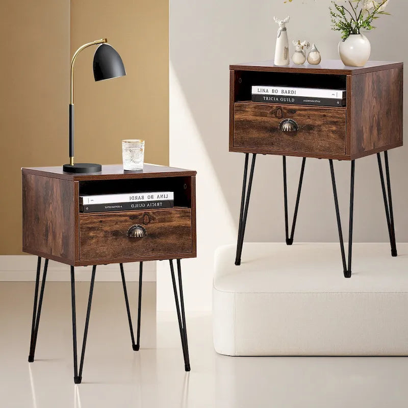 Modern Mid Century 1-Drawer Hairpin Nightstands, Brown/Blue/Black/Yellow