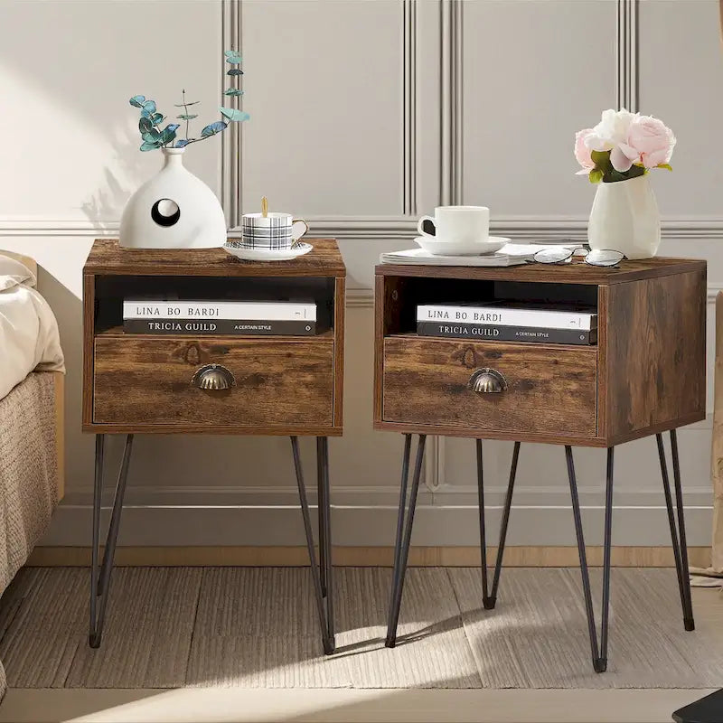 Modern Mid Century 1-Drawer Hairpin Nightstands, Brown/Blue/Black/Yellow