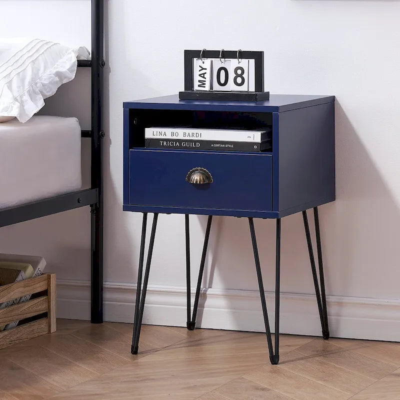 Modern Mid Century 1-Drawer Hairpin Nightstands, Brown/Blue/Black/Yellow
