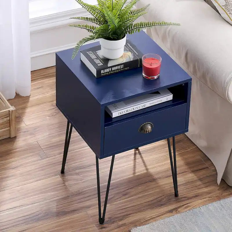 Modern Mid Century 1-Drawer Hairpin Nightstands, Brown/Blue/Black/Yellow