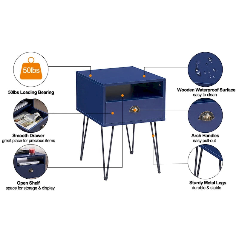 Modern Mid Century 1-Drawer Hairpin Nightstands, Brown/Blue/Black/Yellow