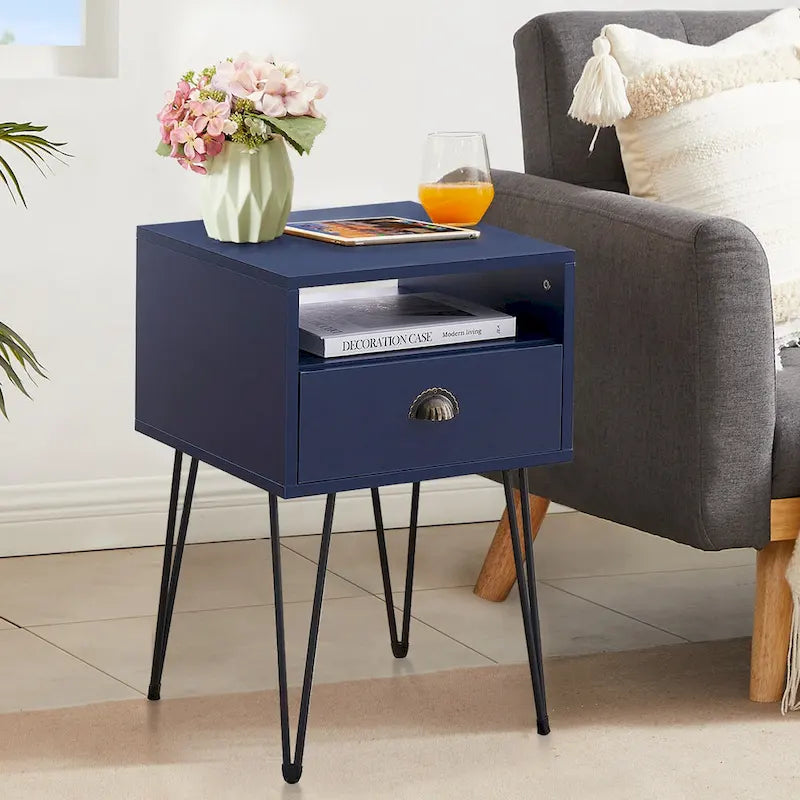 Modern Mid Century 1-Drawer Hairpin Nightstands, Brown/Blue/Black/Yellow