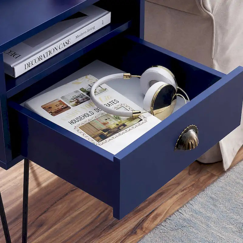 Modern Mid Century 1-Drawer Hairpin Nightstands, Brown/Blue/Black/Yellow