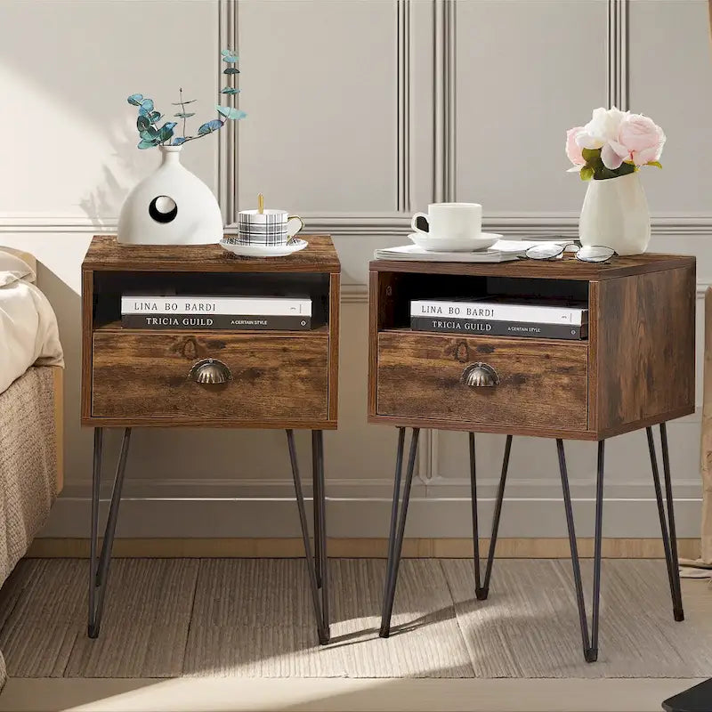 Modern Mid Century 1-Drawer Hairpin Nightstands, Brown/Blue/Black/Yellow