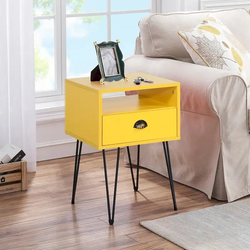 Modern Mid Century 1-Drawer Hairpin Nightstands, Brown/Blue/Black/Yellow