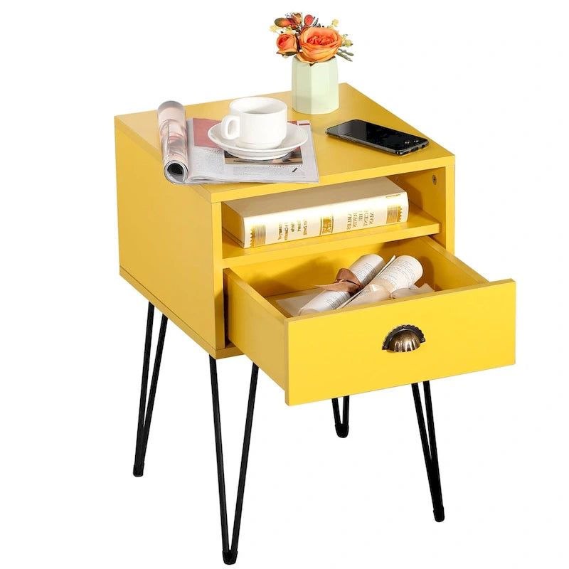 Modern Mid Century 1-Drawer Hairpin Nightstands, Brown/Blue/Black/Yellow