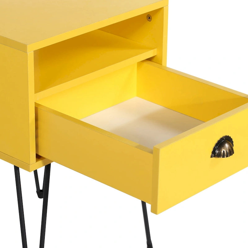 Modern Mid Century 1-Drawer Hairpin Nightstands, Brown/Blue/Black/Yellow
