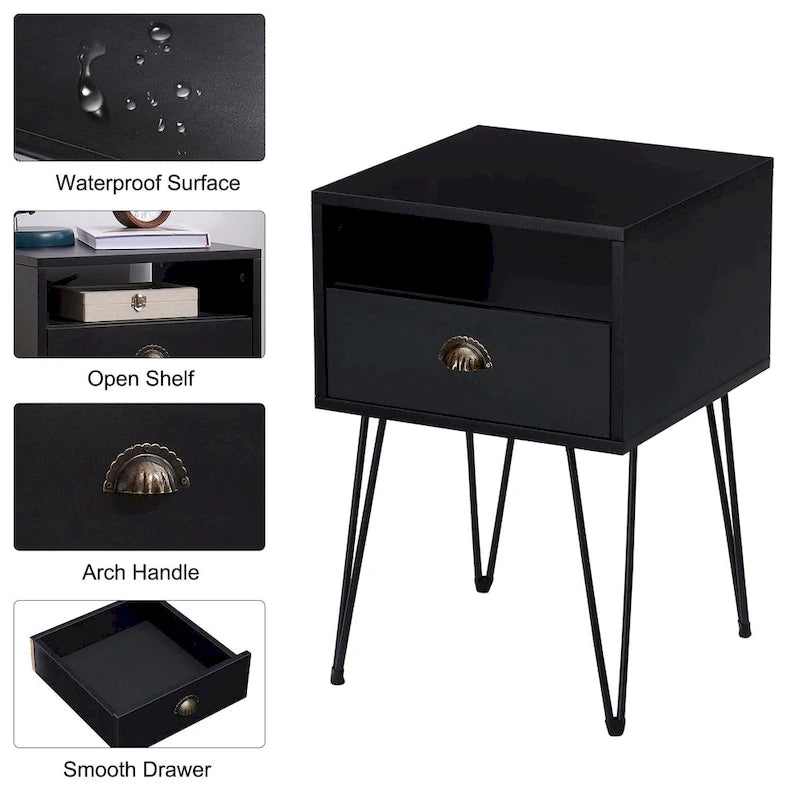 Modern Mid Century 1-Drawer Hairpin Nightstands, Brown/Blue/Black/Yellow