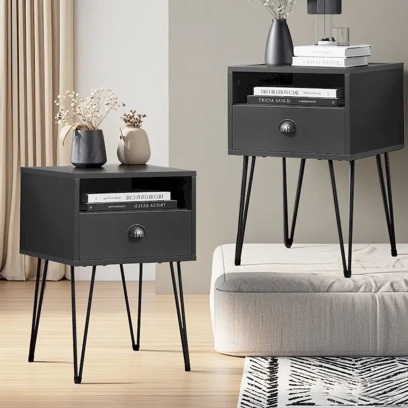 Modern Mid Century 1-Drawer Hairpin Nightstands, Brown/Blue/Black/Yellow