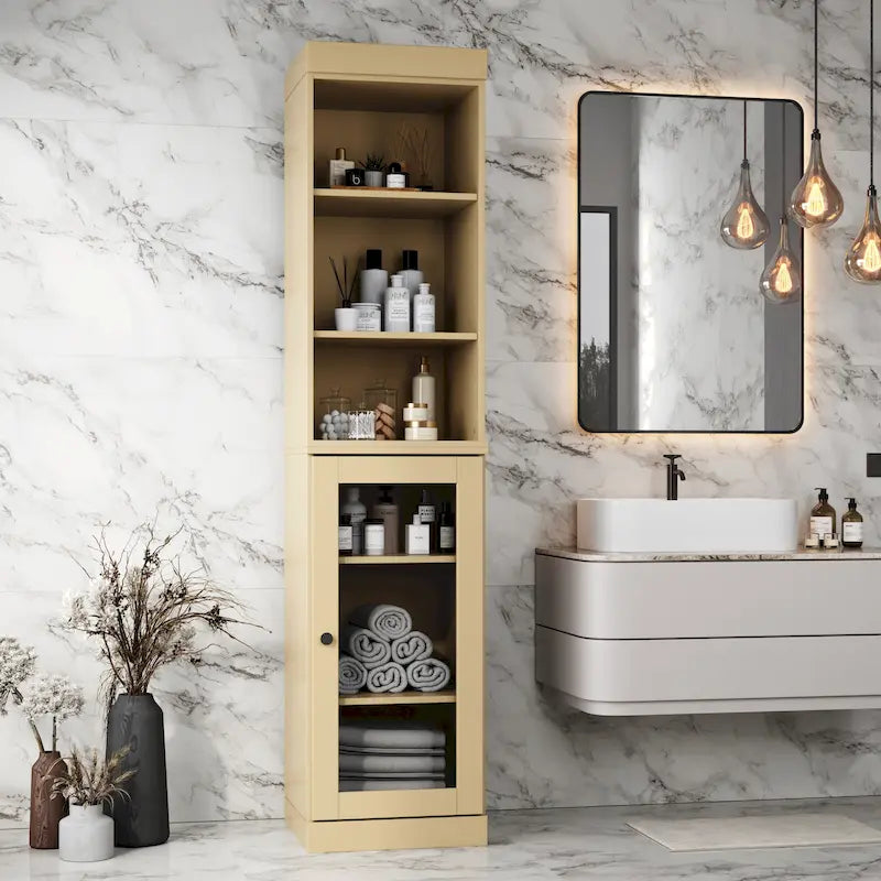100% Solid Wood 16.5" Bathroom Storage Cabinet with Clear Glass Doors and Adjustable Shelves