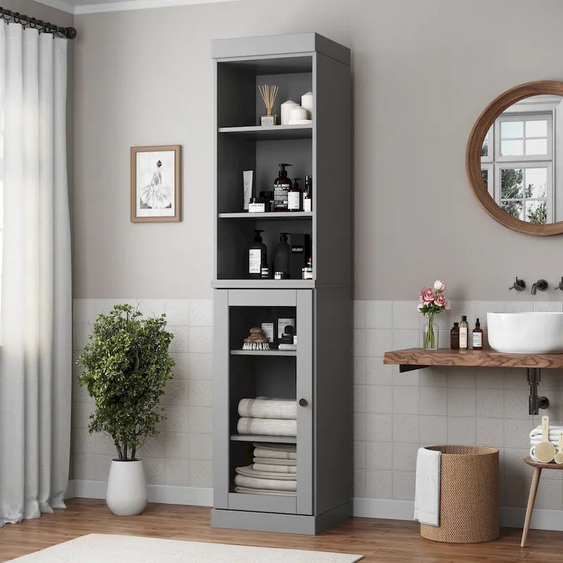 100% Solid Wood 16.5" Bathroom Storage Cabinet with Clear Glass Doors and Adjustable Shelves