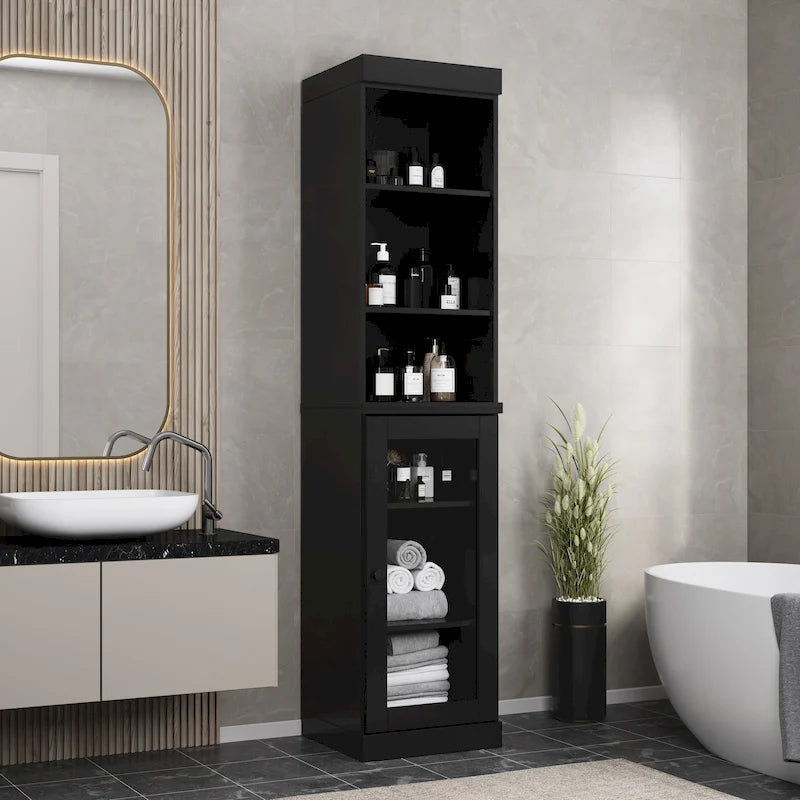 100% Solid Wood 16.5" Bathroom Storage Cabinet with Clear Glass Doors and Adjustable Shelves