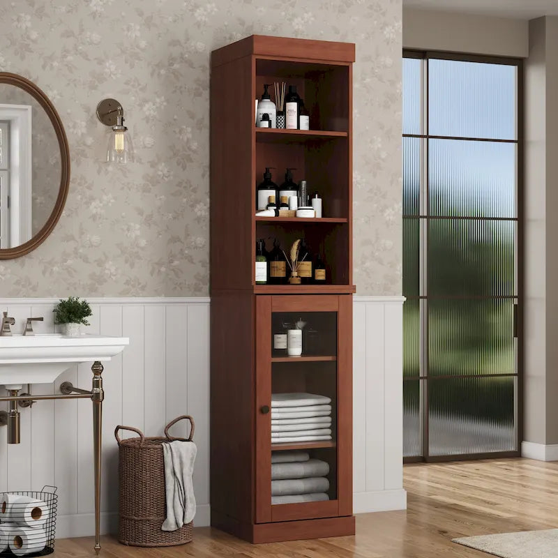 100% Solid Wood 16.5" Bathroom Storage Cabinet with Clear Glass Doors and Adjustable Shelves